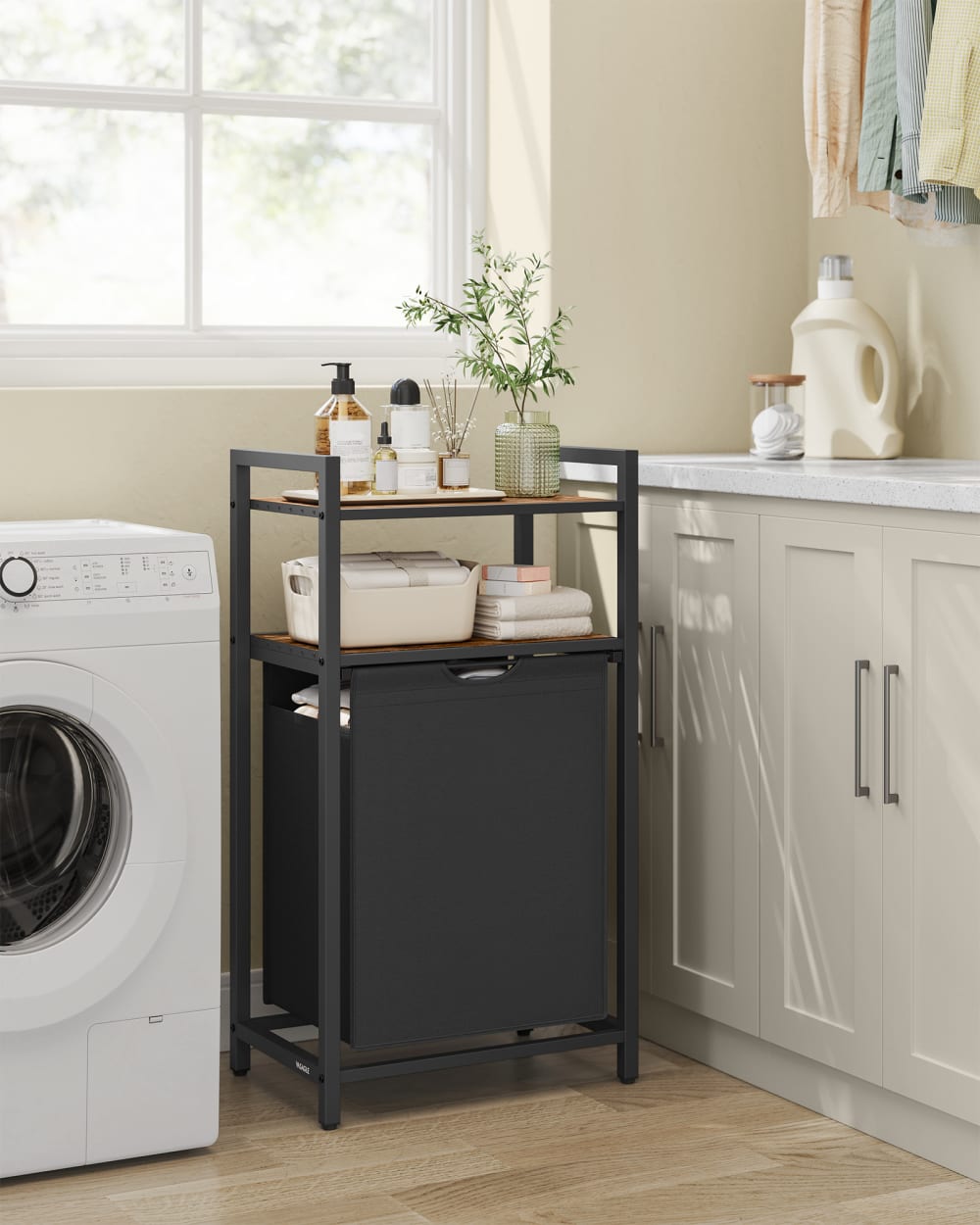 Panier à linge avec 2 étagères 65 litres marron rustique et noir — vue 3