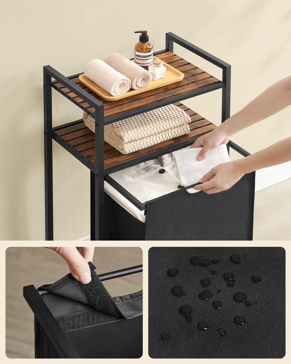 Panier à linge avec 2 étagères 65 litres marron rustique et noir — vue 4