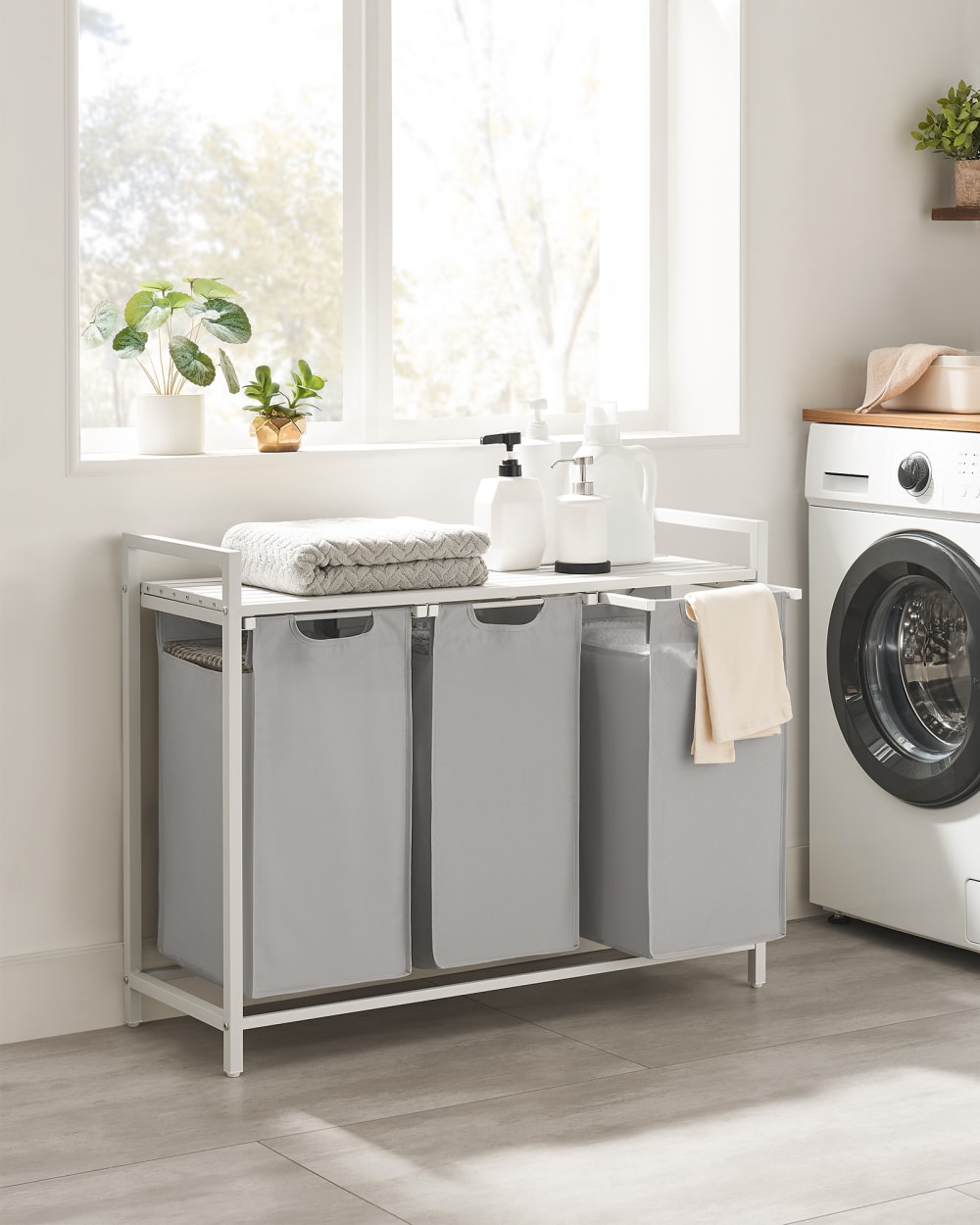 Panier à linge 3 compartiments 120 l 92.5 x 33 x 72 cm gris et blanc - Maisons du Monde