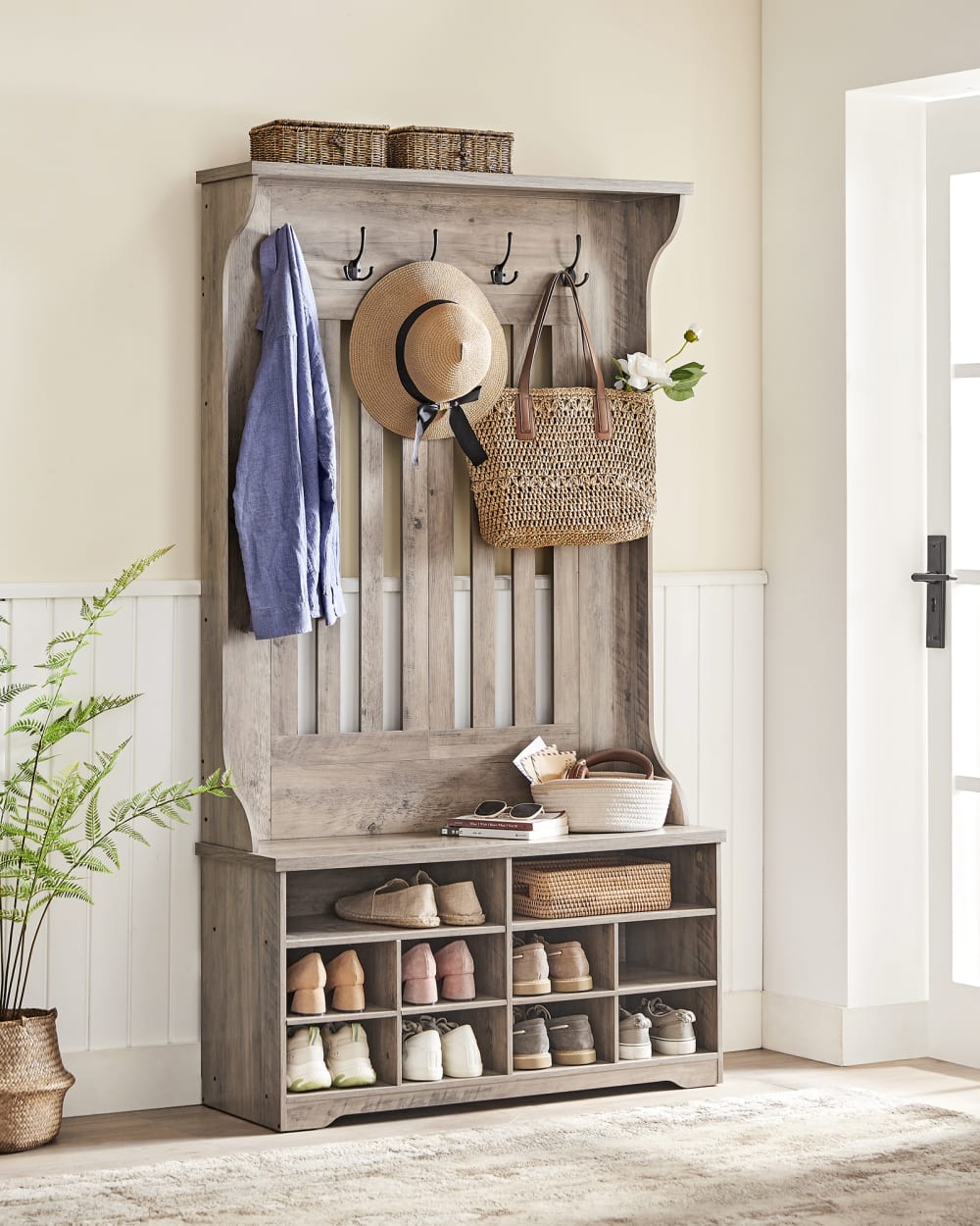 Porte-manteau avec banc à chaussures et 5 crochets grège - Maisons du Monde