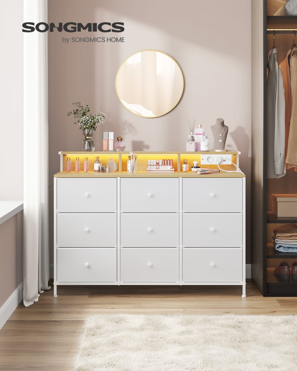 SONGMICS Commode avec 9 et éclairage multiprise cadre en acier blanc et beige style contemporain Blanc Panneau De Particules - 114x84x34cm