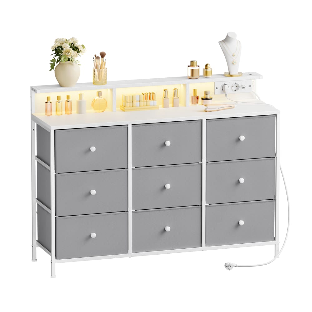 SONGMICS Commode avec 9 et éclairage multiprise cadre en acier gris style contemporain Gris Panneau De Particules - 114x84x34cm