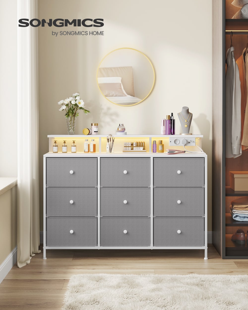 Commode avec 9 et éclairage multiprise cadre en acier gris - Maisons du Monde