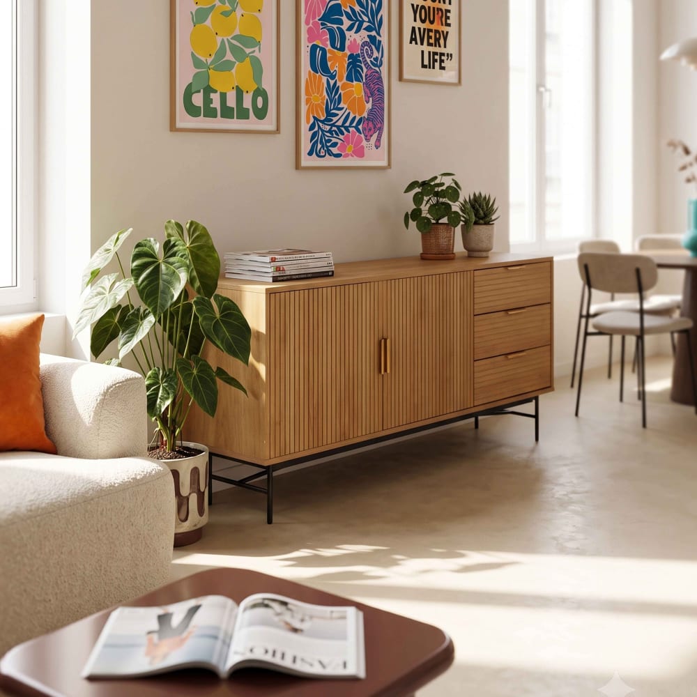Buffet 2 portes et 3 tiroirs en mélaminé et acier 160 cm beige - Maisons du Monde