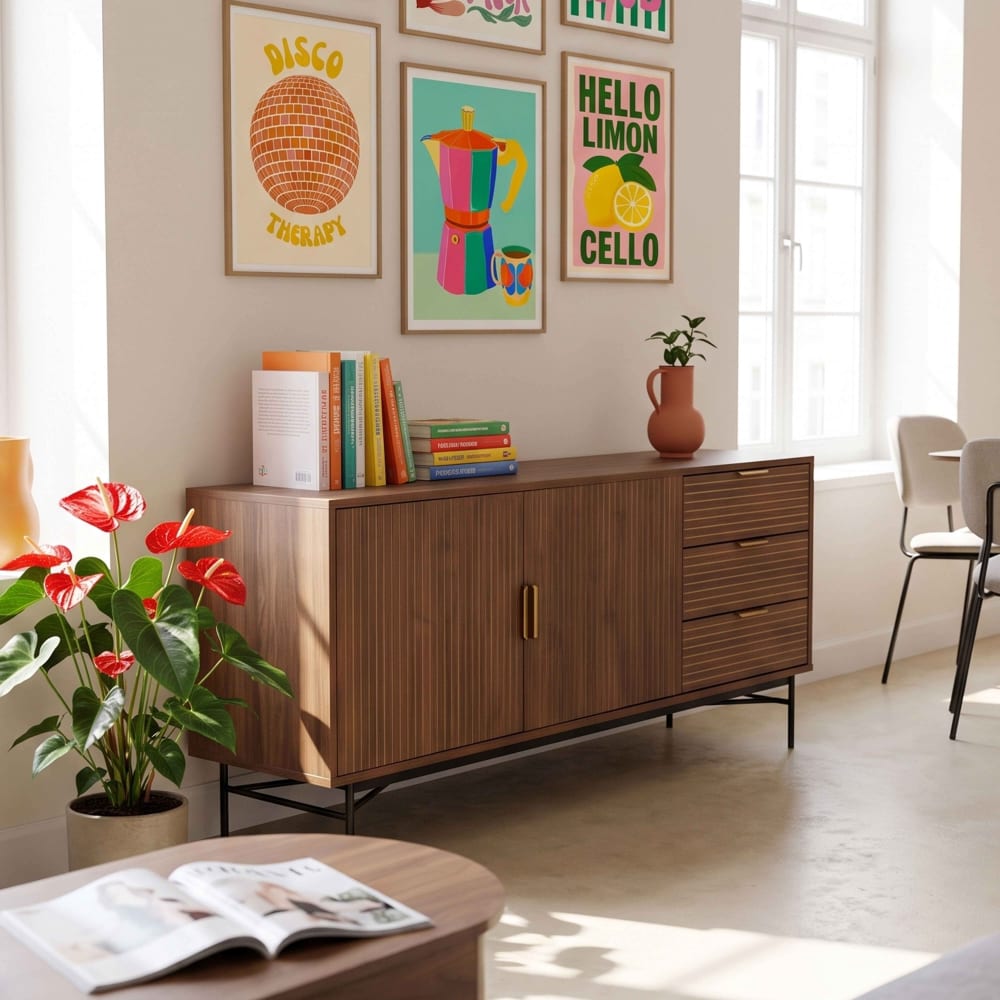 Buffet 2 portes et 3 tiroirs en mélaminé et acier 160 cm marron