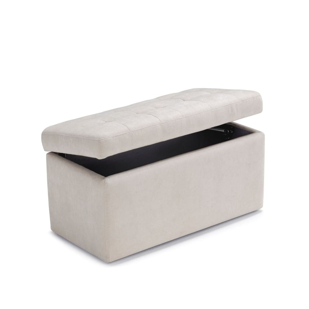 Banquette+de+rangement+matelassee+en+tissu+chenille+beige+80x40+cm