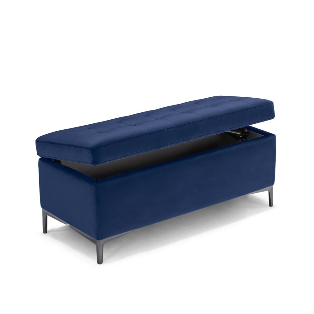 Banc+rangement+fabrique+en+Italie+matelasse+velours+bleu+110x50+cm