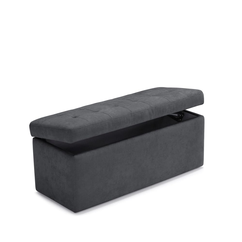 Banc+rangement+matelassee+en+tissu+chenille+gris+fonce+110x45+cm