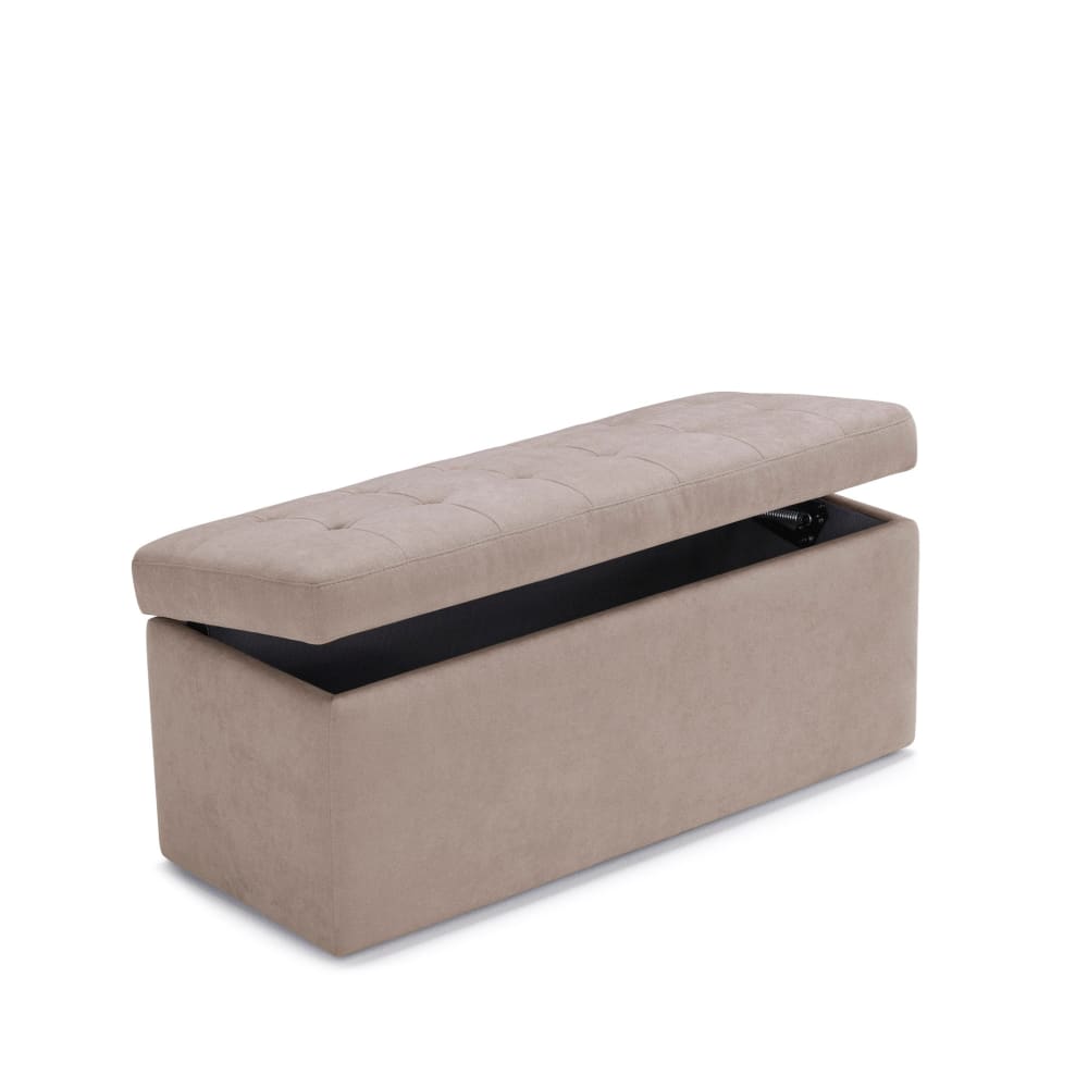 Banquette+de+rangement+matelassee+en+tissu+chenille+camel+110x45+cm