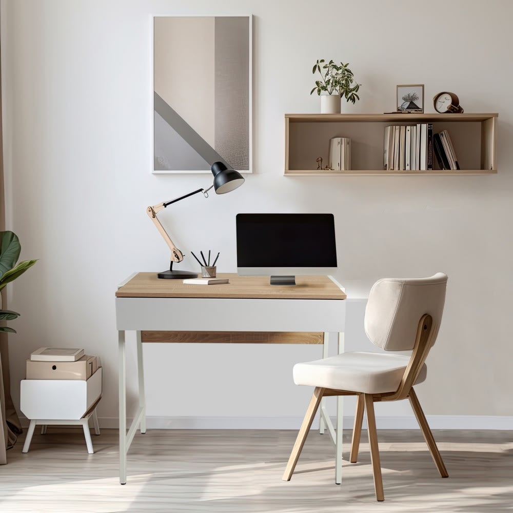 Bureau avec tiroir et pieds métal, blanc et effet bois clair