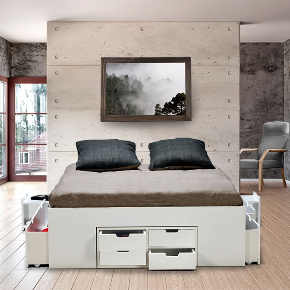 Lit avec 7 tiroirs et 2 chevets, blanc, 160 x 200 cm - Maisons du Monde