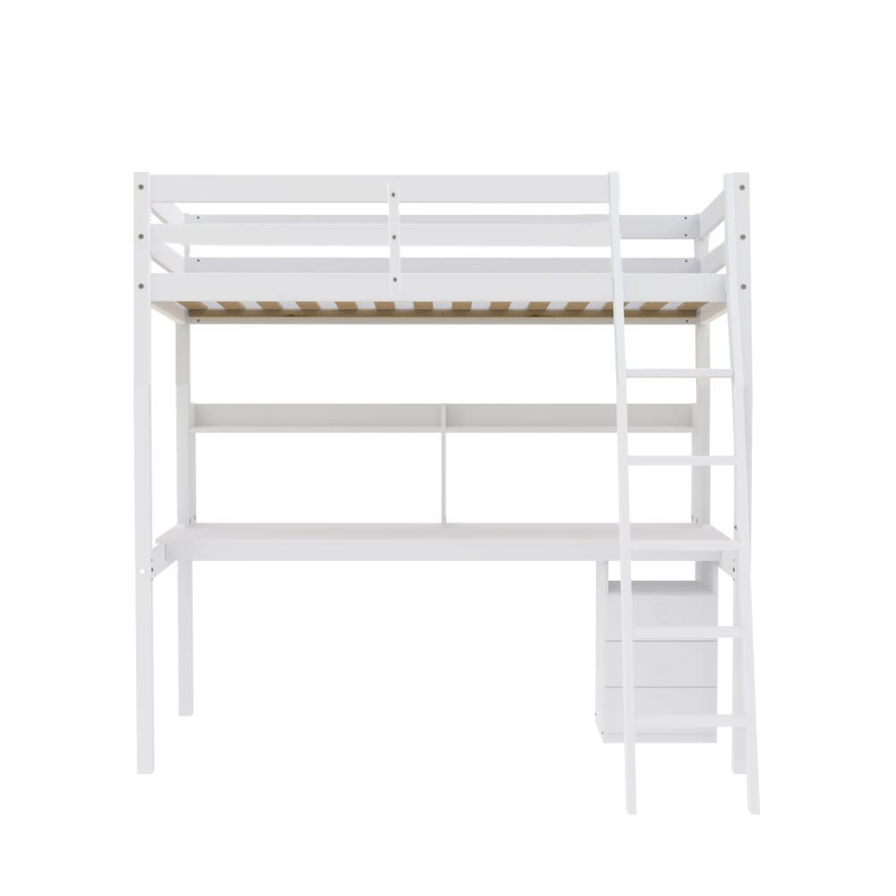 Lit mezzanine avec bureau, étagère et caisson, blanc, 140x190 cm