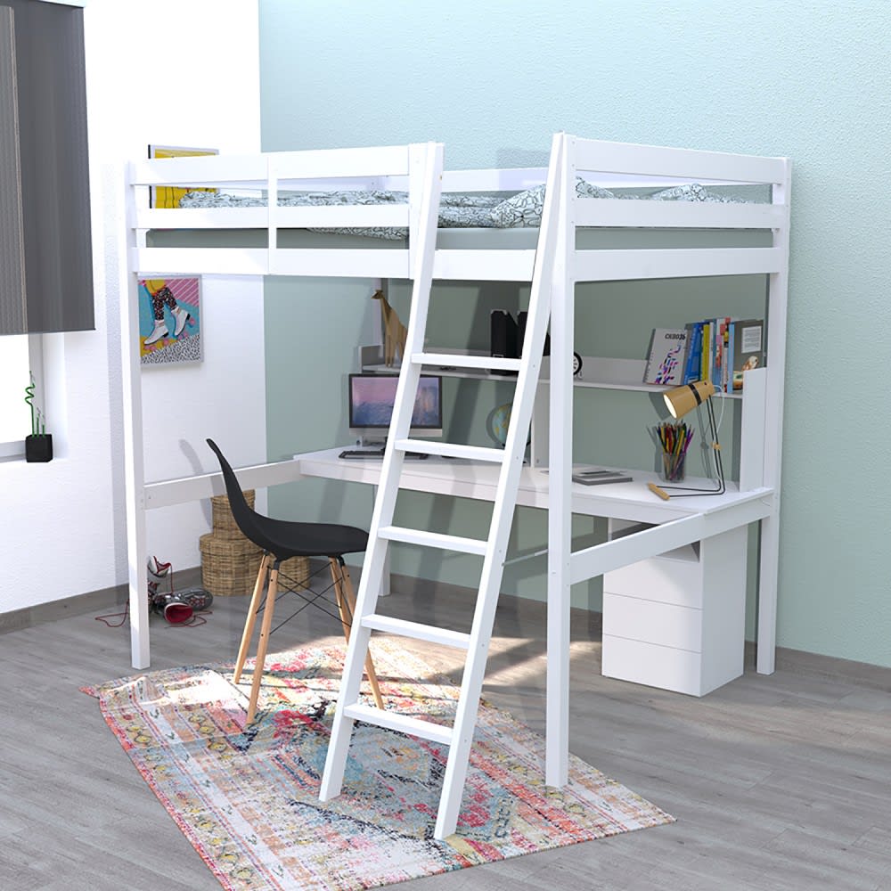 Lit mezzanine avec bureau, étagère et caisson, blanc, 140x190 cm