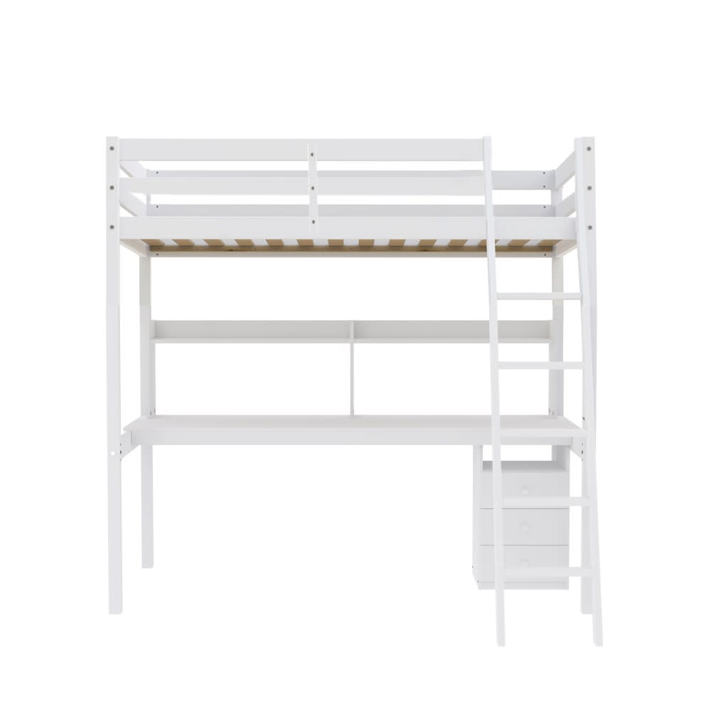 Lit mezzanine avec bureau et caisson 3 tiroirs, blanc, 90x190 cm