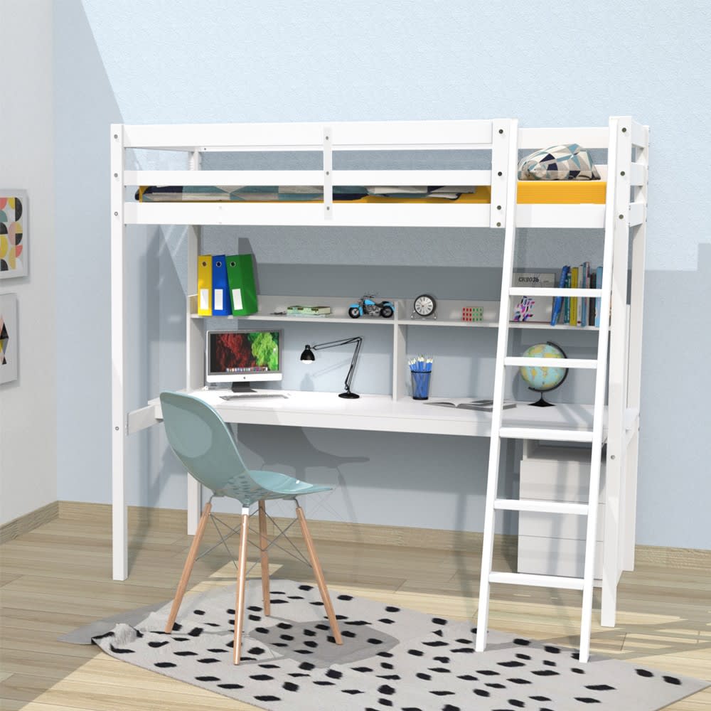 Lit mezzanine avec bureau et caisson 3 tiroirs, blanc, 90x190 cm