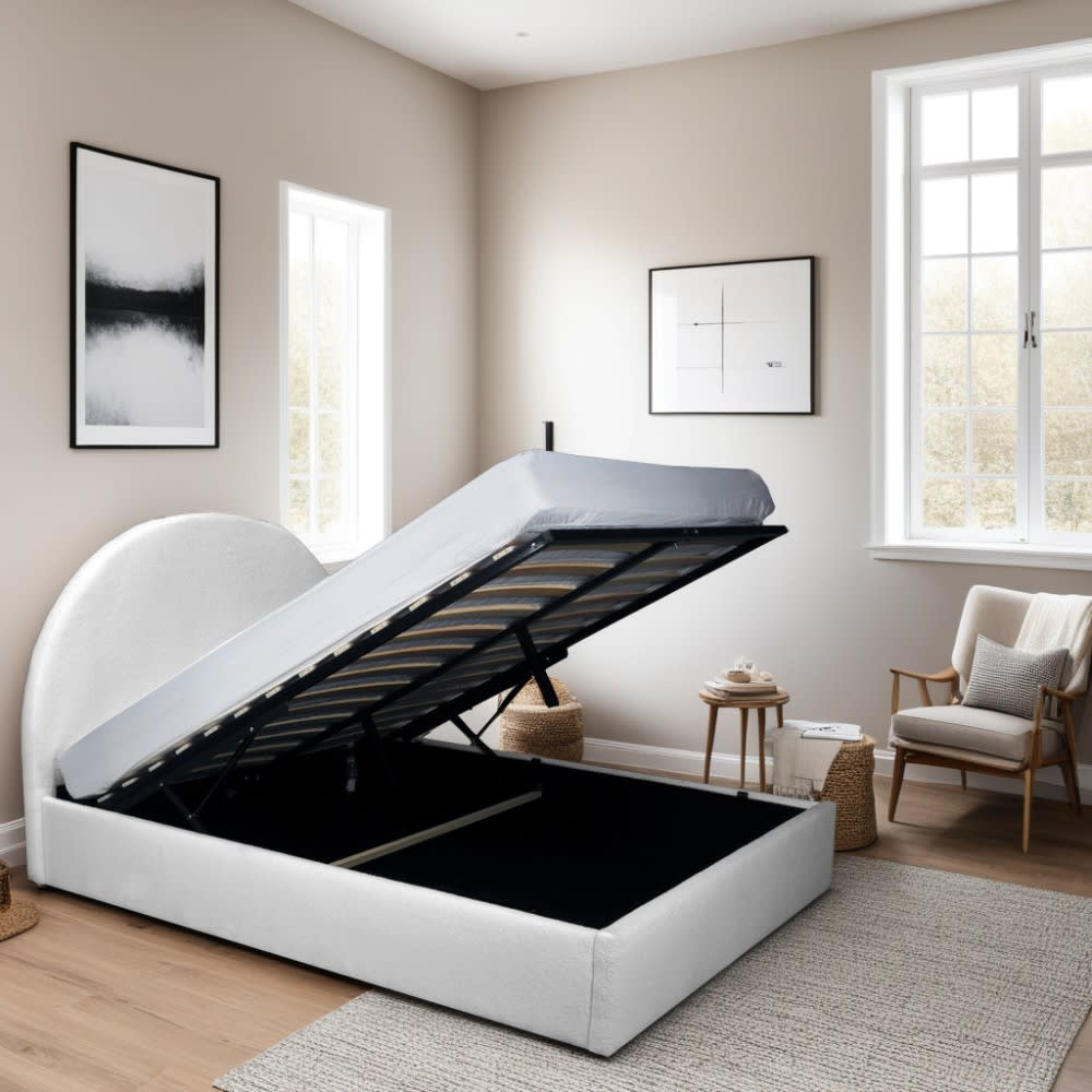 Bett mit Bettkasten aus Bouclé-Stoff 160x200, weiß - Maisons Du
