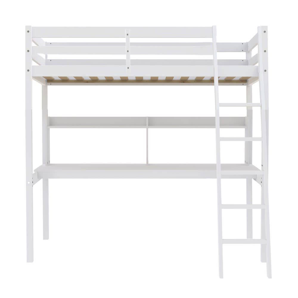 Lit mezzanine avec 1 bureau et 1 étagère, blanc, 140x190 cm