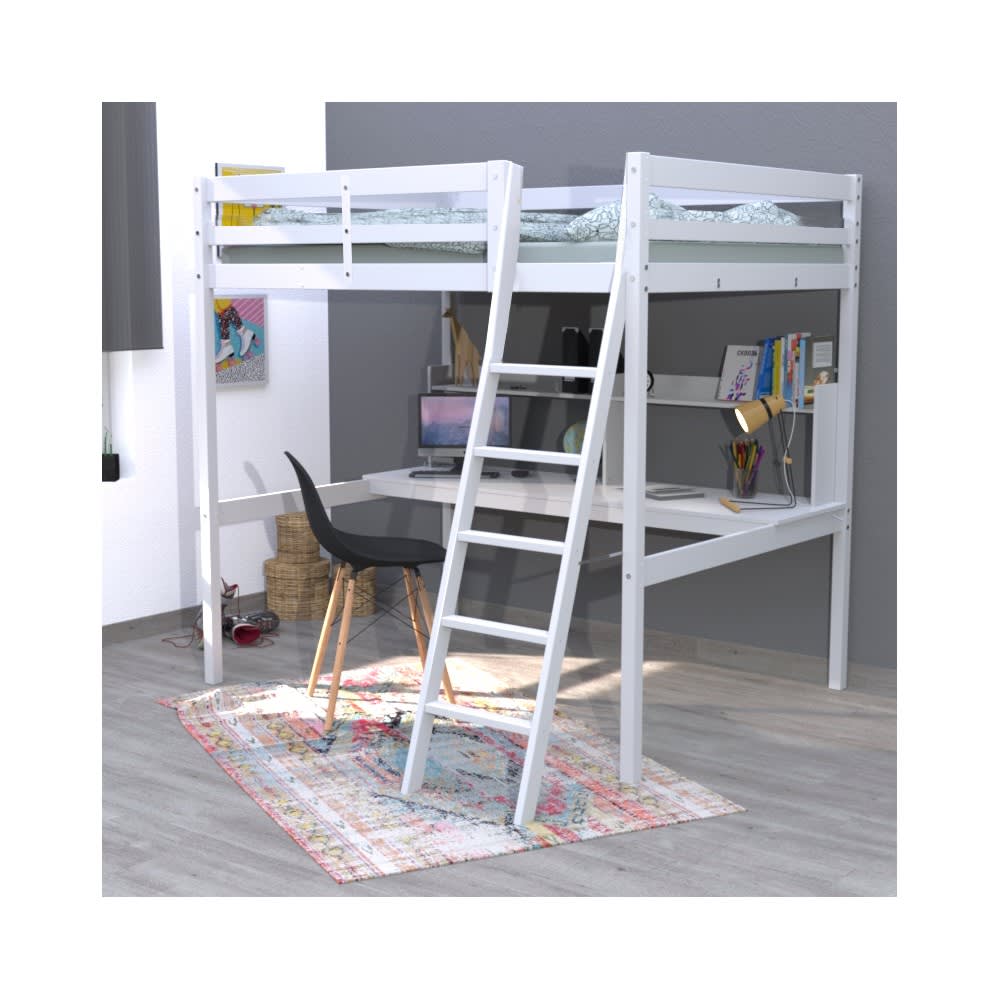 Lit mezzanine avec 1 bureau et 1 étagère, blanc, 140x190 cm