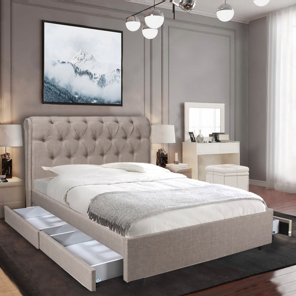 Lit capitonné en tissu, beige, 140x190 cm