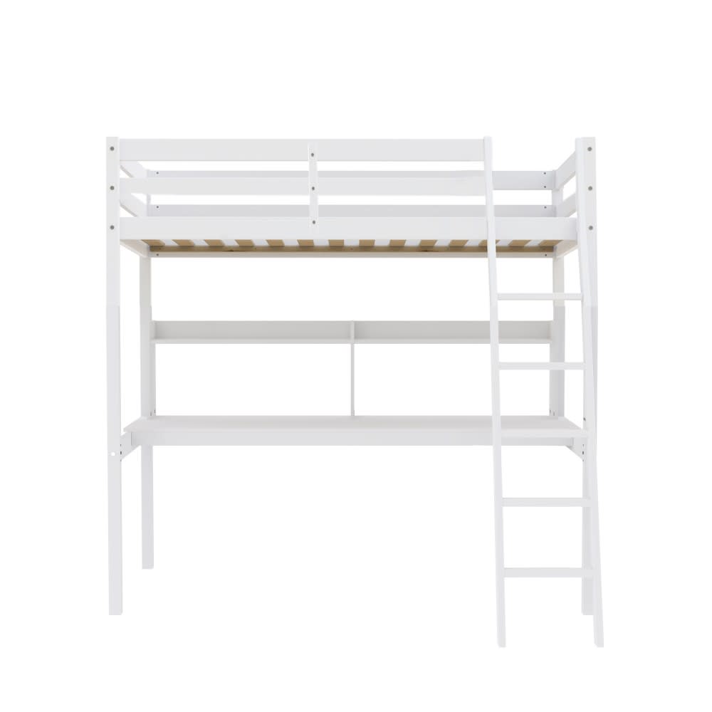 Lit mezzanine avec bureau et étagère, en pin, blanc, 90x190 cm
