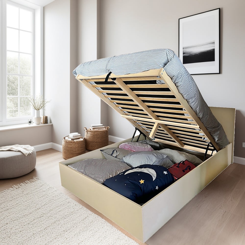 Bett mit Bettkasten Textileffekt 140x190 cm, beige - Maisons Du