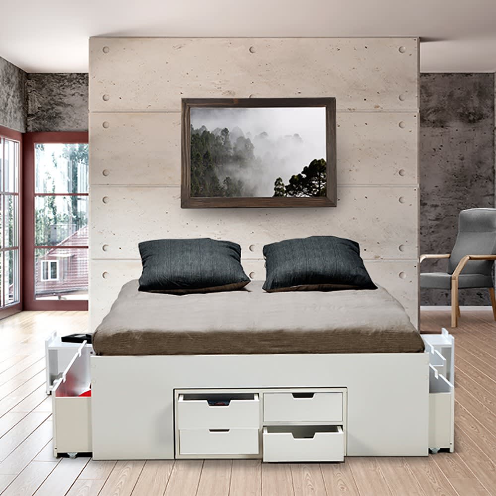 Bett mit 7 Schubladen und 2 Konsolen, 140 x 190 cm, weiß -