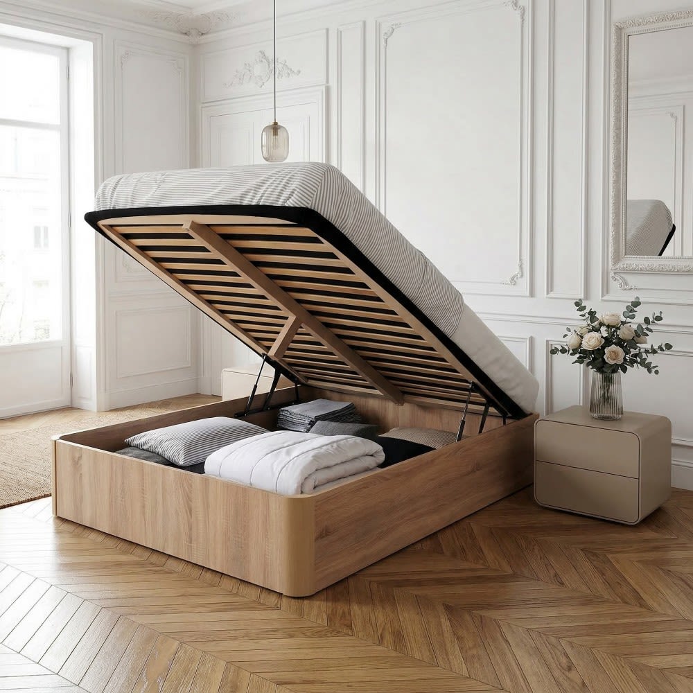 Bett mit Bettkasten, 140x190cm, heller Holzeffekt - Maisons Du