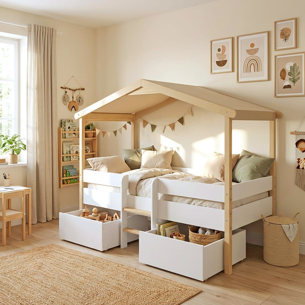 Lit cabane avec 2 tiroirs blanc et bois clair, 90x200 cm - Maisons du Monde