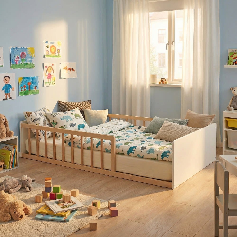 Lit avec sommier blanc et bois clair 90x190 - Maisons du Monde
