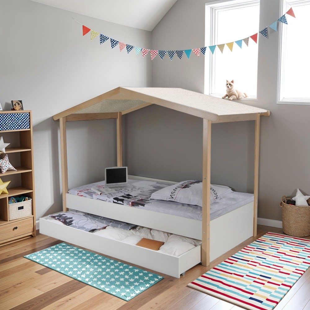 Lit cabane avec tiroir, blanc et bois clair, 90x190 cm - Maisons du Monde