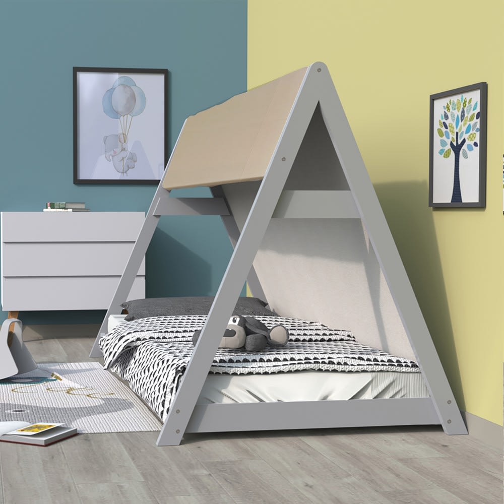 Hausbett mit Stoff und Lattenrost, 90x190cm, grau - Maisons Du