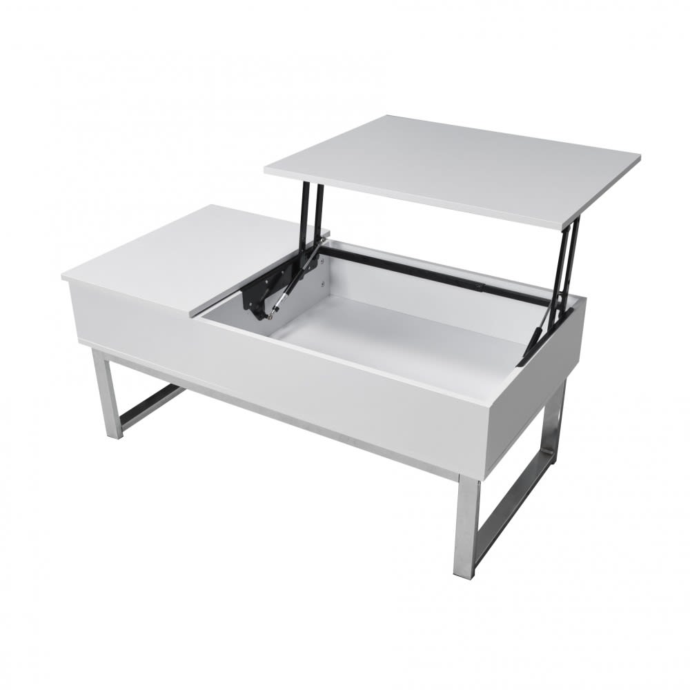 Table basse avec plateau relevable, blanc et pieds métal, 110x65 cm