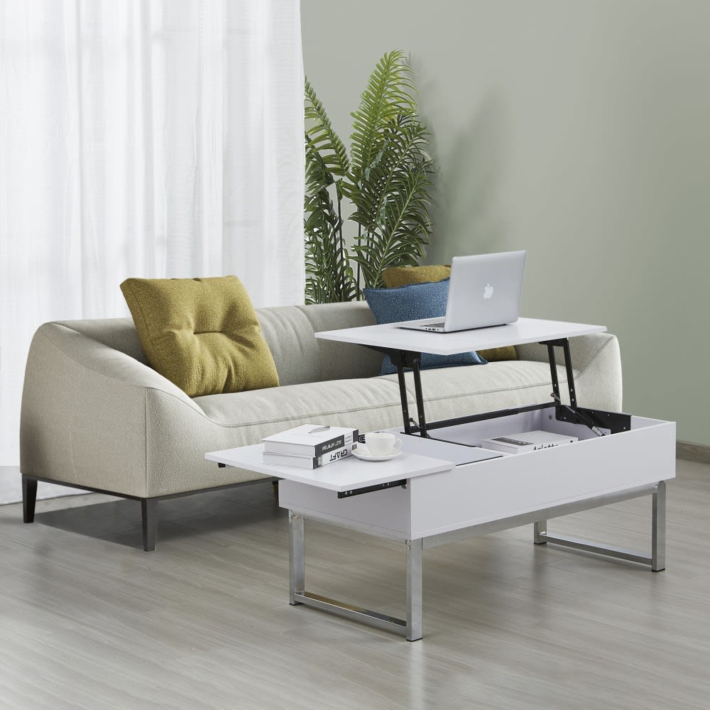 Table basse avec plateau relevable, blanc et pieds métal, 110x65 cm
