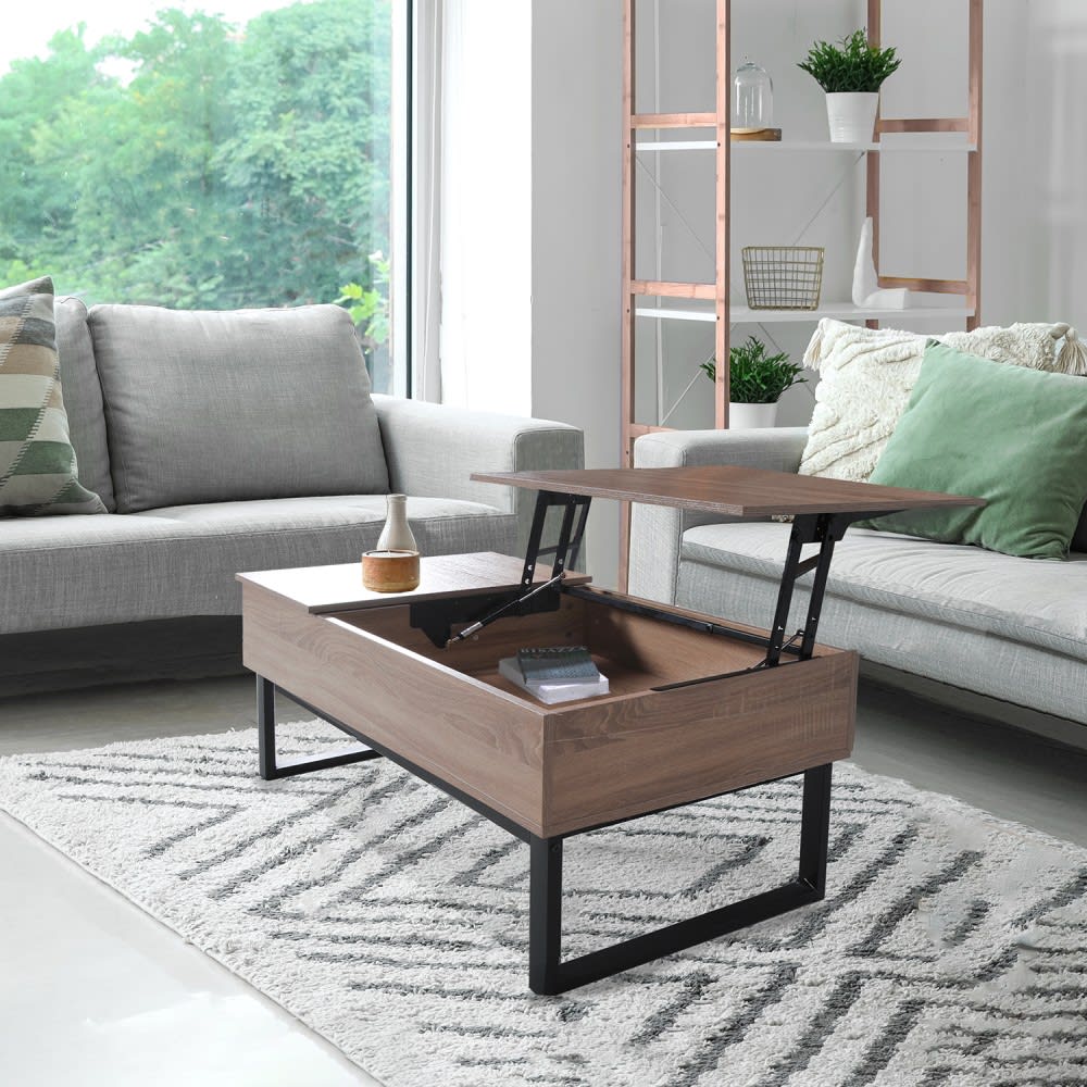 Table basse avec plateau relevable, effet bois et pieds métal noir