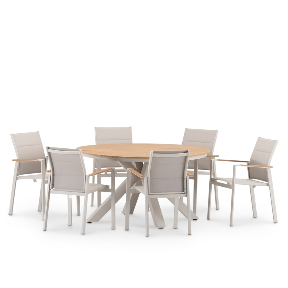 Set table ronde D140 et 6 chaises aluminium beige e textilene
