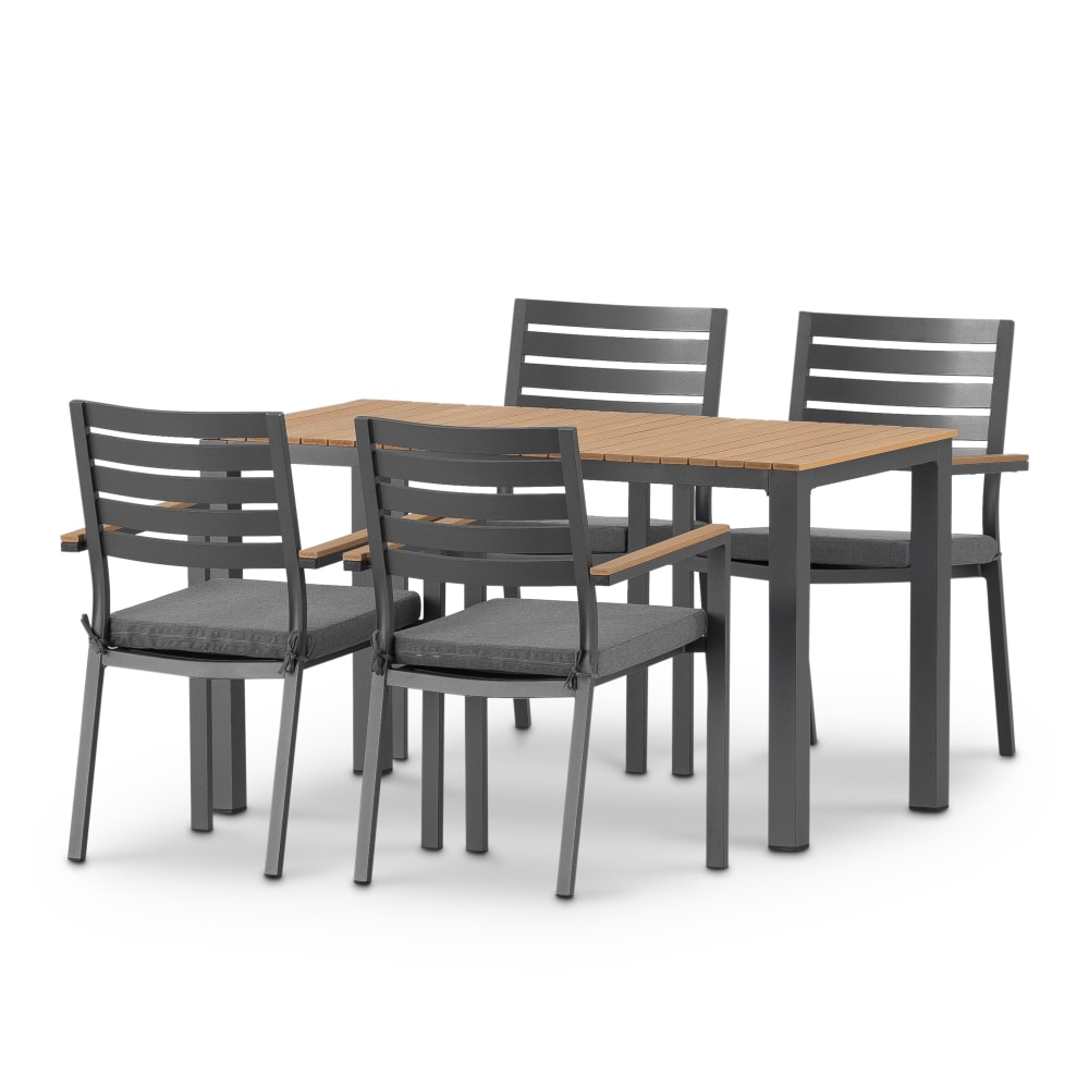 Set jardin table 130x70 et 4 chaises avec coussin en alum gris foncé