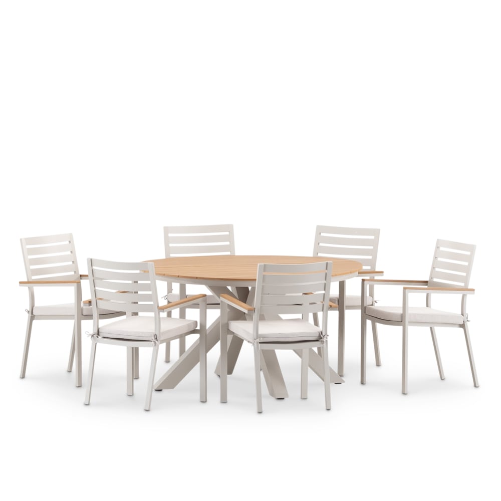 Set table ronde D140 et 6 chaises aluminium beige avec coussin