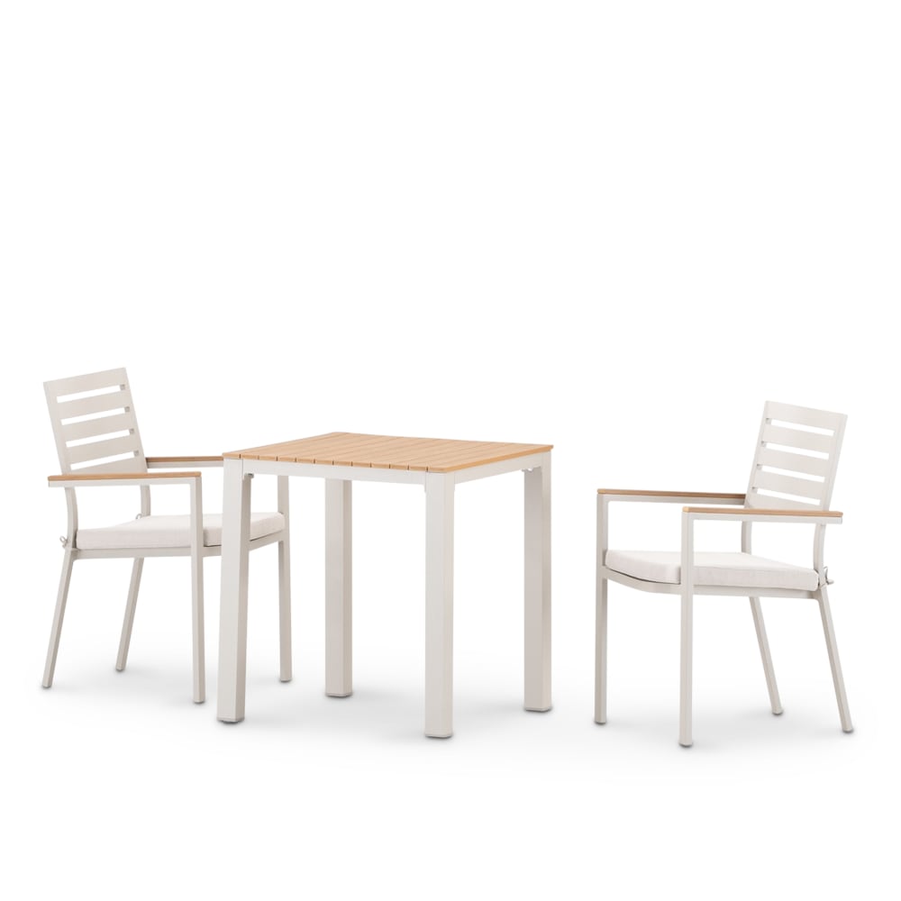 Set jardin table 70x70 et 2 chaises avec coussin en alum beige