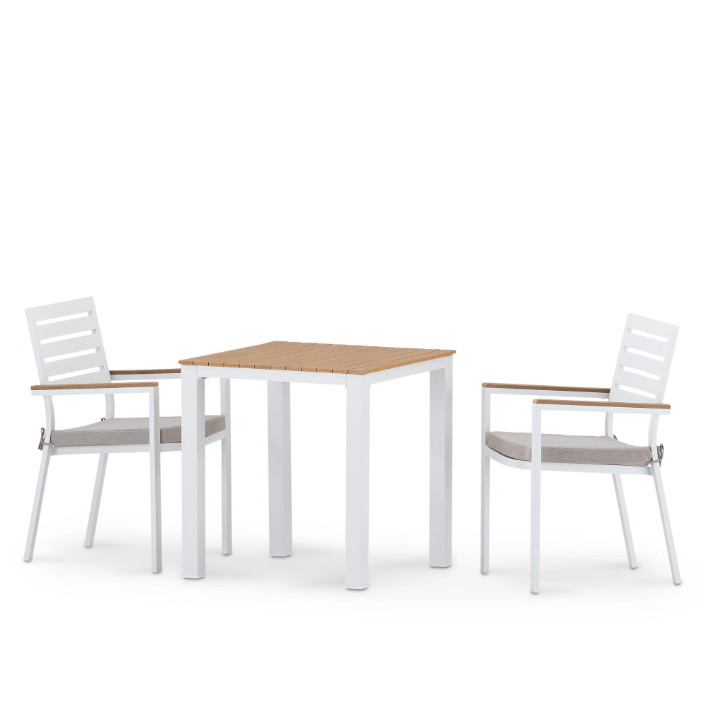 Set jardin table 70x70 et 2 chaises avec coussin en alum blanc