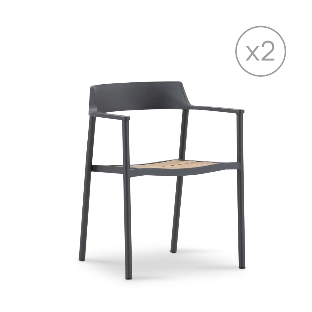 Pack de 2 chaises empilables de jardin en aluminium anthracite et teck