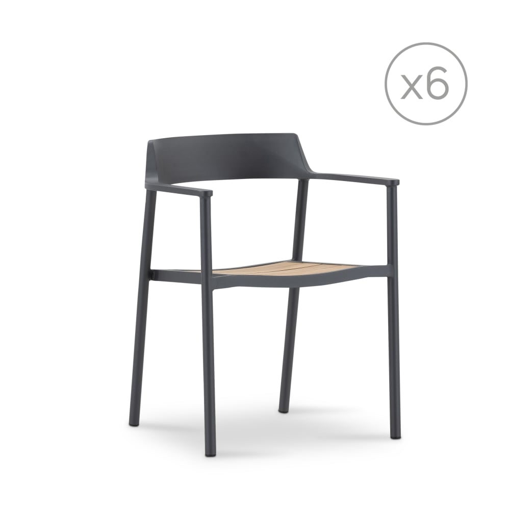 Pack de 6 chaises empilables de jardin en aluminium anthracite et teck