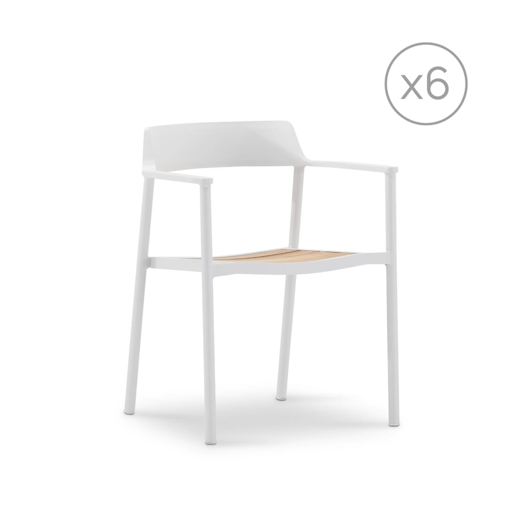 Pack de 6 chaises empilables de jardin en aluminium blanc et teck
