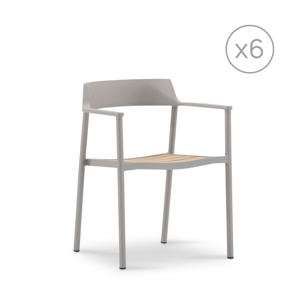 Pack de 6 chaises empilables de jardin en aluminium beige et teck