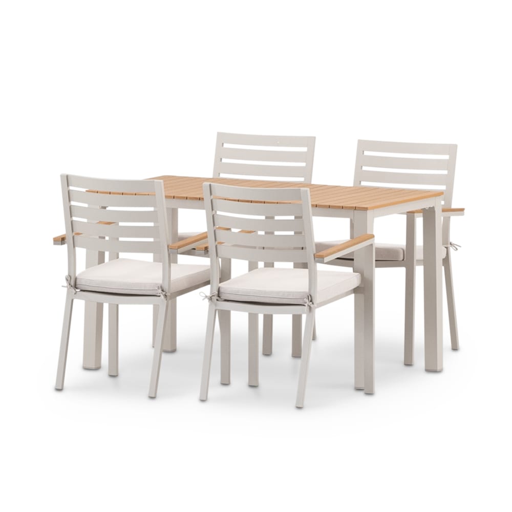 Set jardin table 130x70 et 4 chaises avec coussin en alum beige