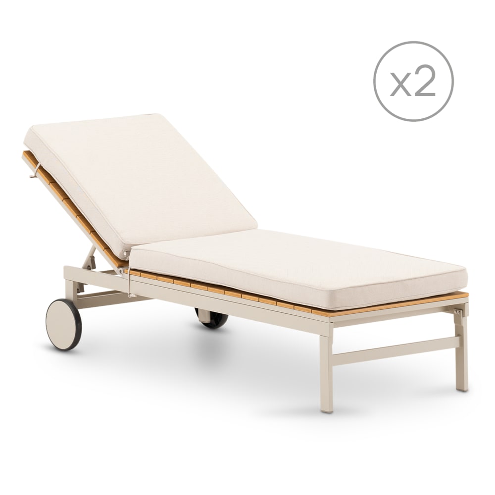 Pack 2 chaises longues beige avec coussin et lattes en bois