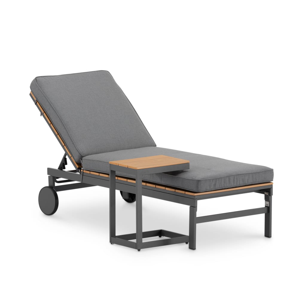 Chaise longue avec coussin et table alum anthracite,lattes aspect bois