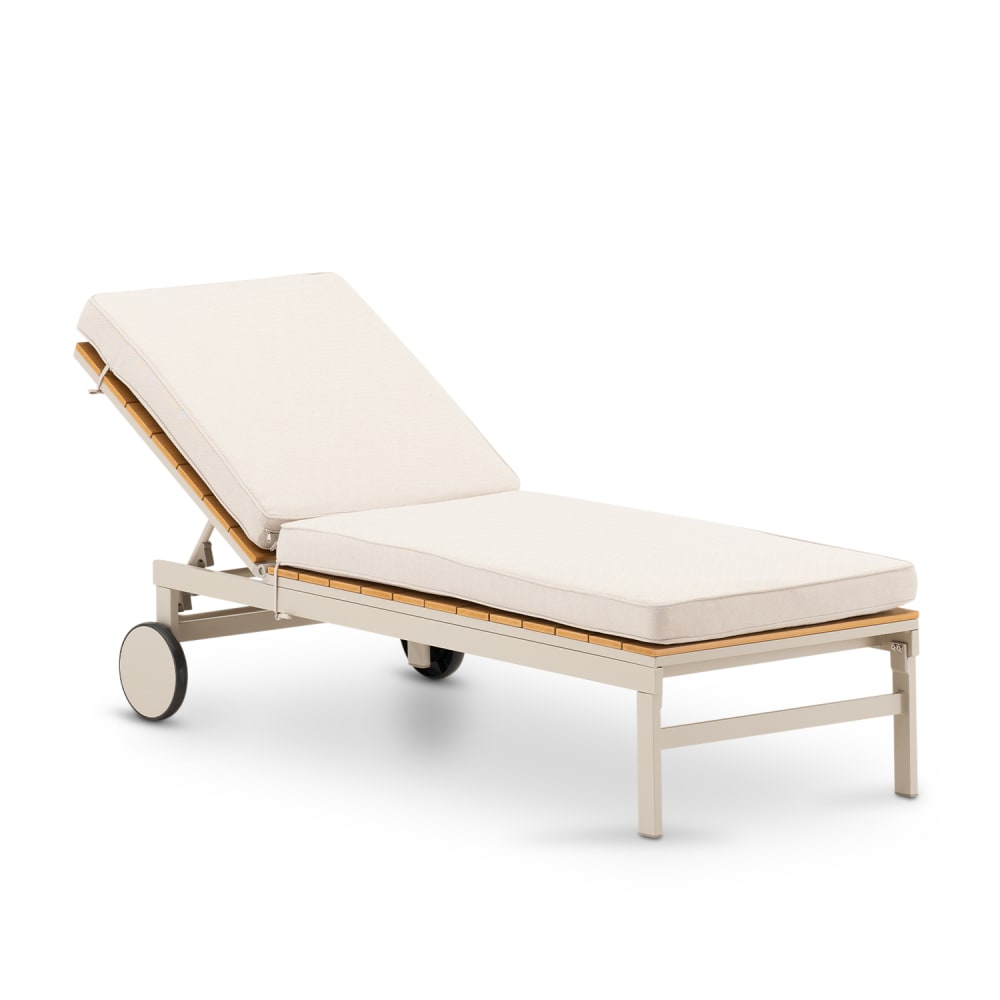 Bain de soleil en alu beige avec coussin et lattes en imitation bois