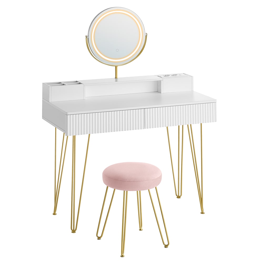 Coiffeuse avec taboutret et miroir avec éclairage et multiprise blanc