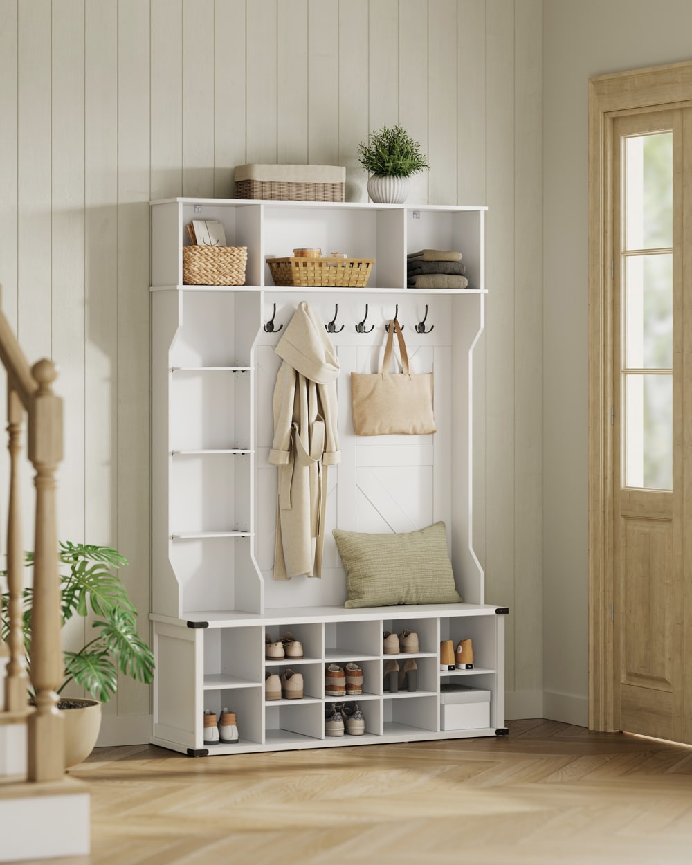 Porte-manteau avec banc à chaussures 20 compartiments blanc