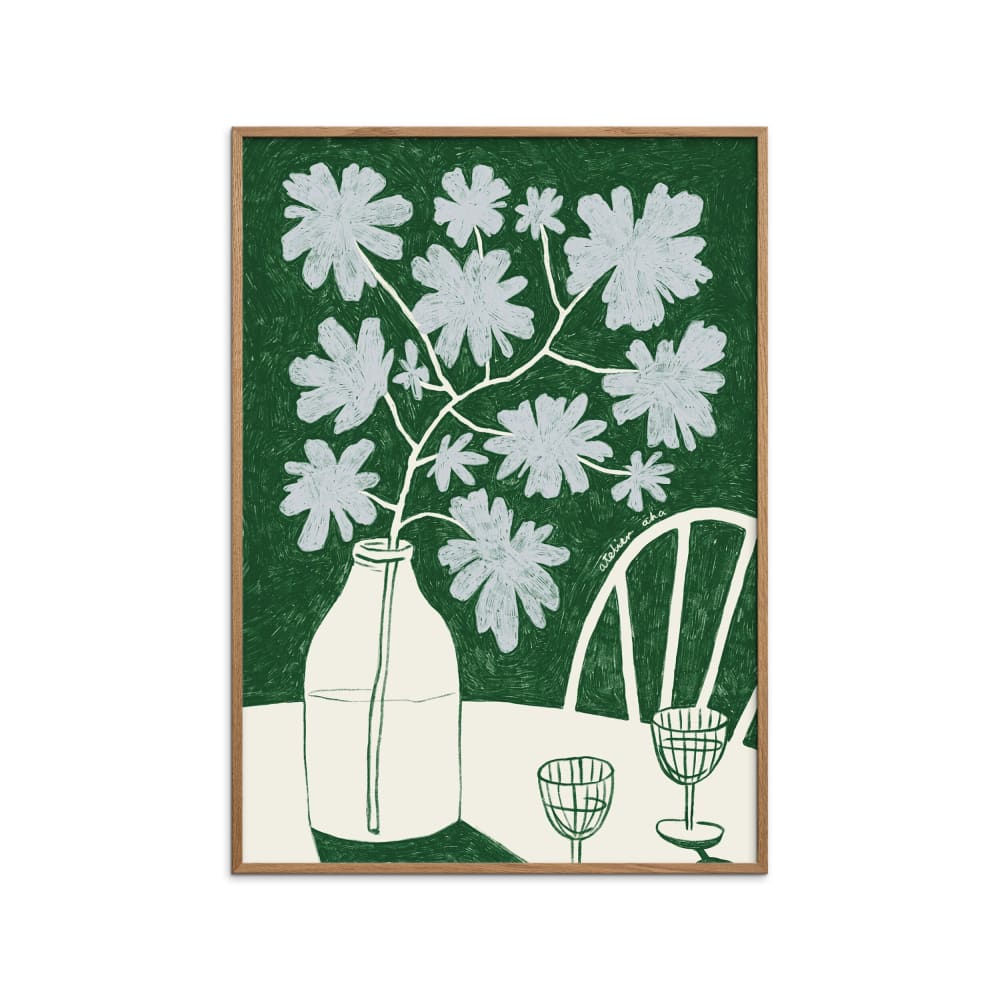 Affiche ''Blue Flowers & Red Wine'' Cadre en Chêne - 50x70 cm